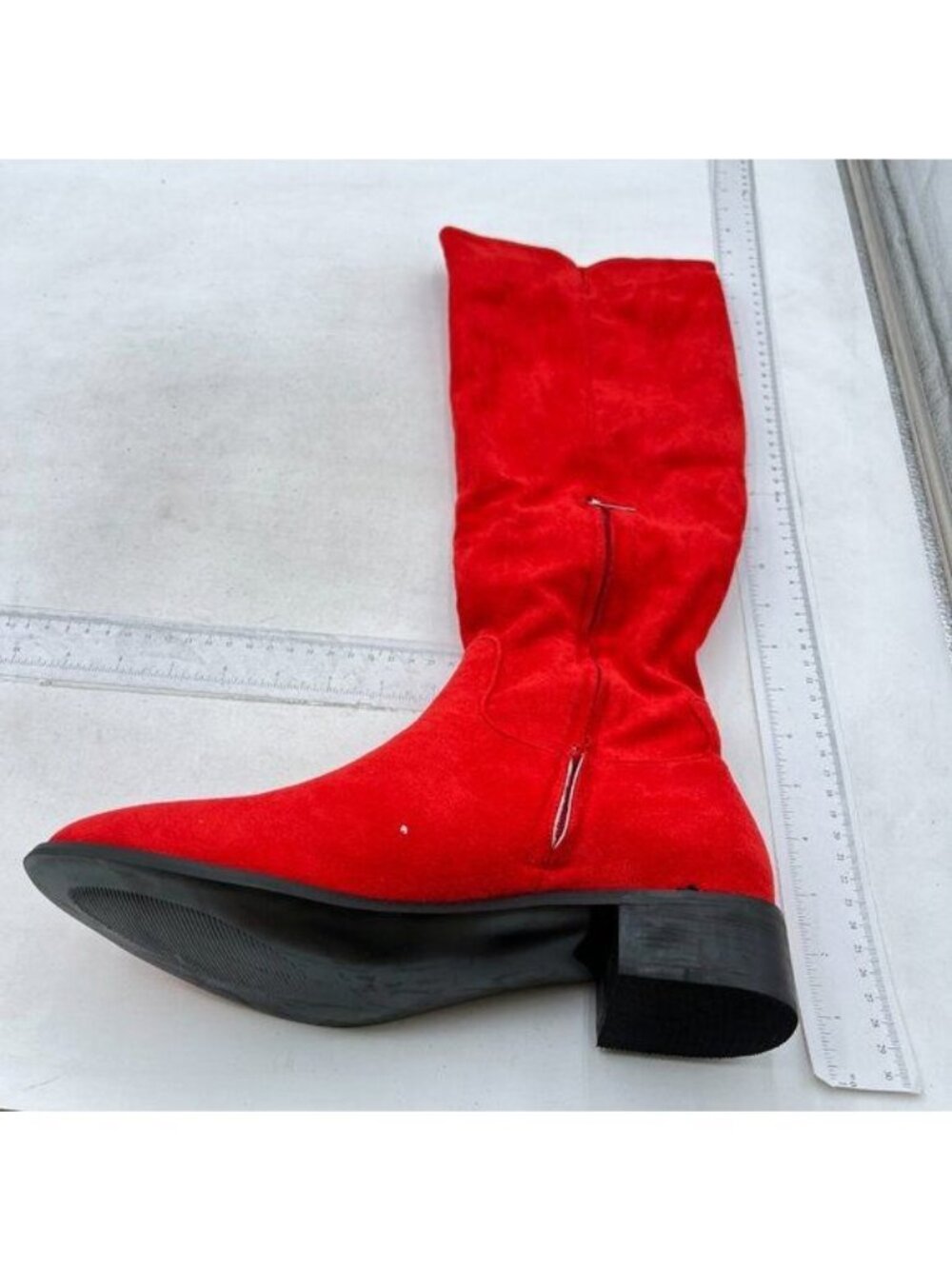 Women's Knee High Boots Flat Low Heel Stretchy Round Toe with Side Zipper Red